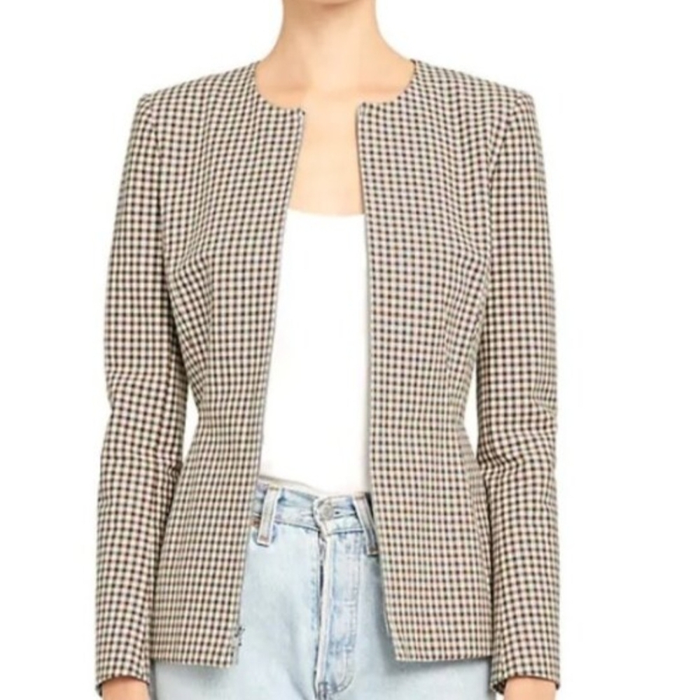 NEW Theory Checked Jacket Blazer Size 4 Brown Minimalist Business Casual Luxury